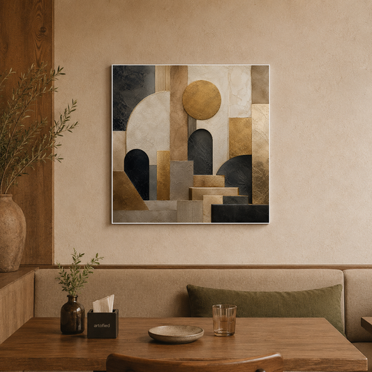 Architectural Geometry in Gold and Shadow – Gold and charcoal in architectural shadow – Premium Metal Poster - Artofied