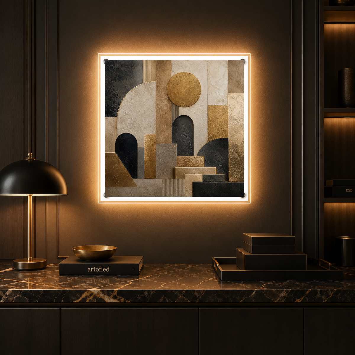 Architectural Geometry in Gold and Shadow – Gold and charcoal in architectural shadow – Photo Frame Wall Lamp - Artofied