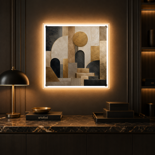 Architectural Geometry in Gold and Shadow – Gold and charcoal in architectural shadow – Photo Frame Wall Lamp - Artofied