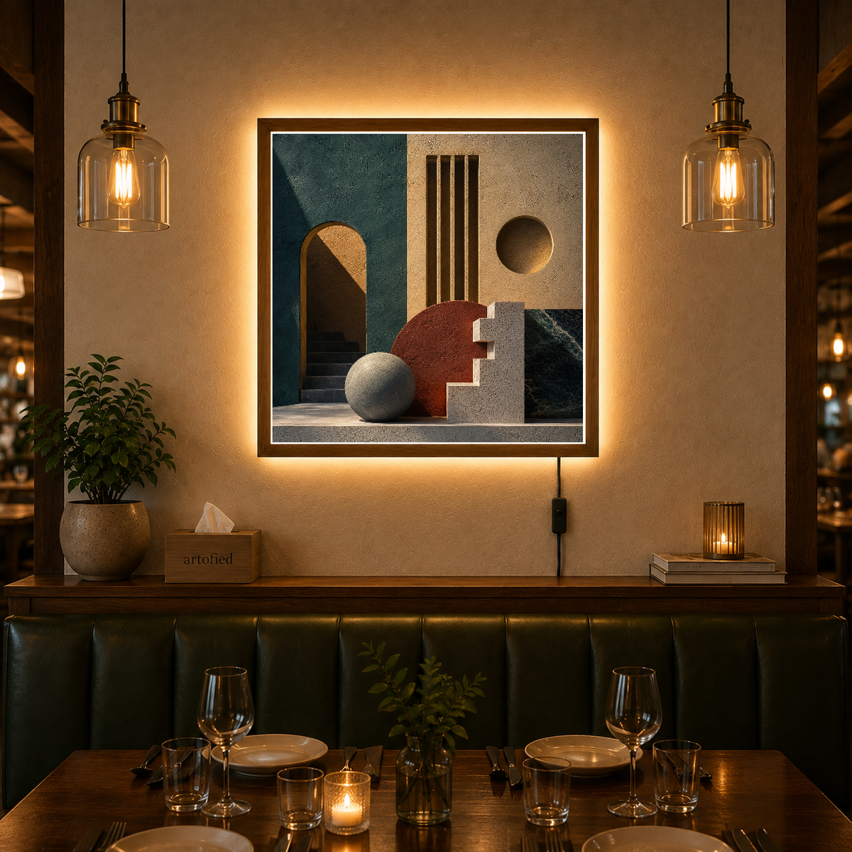 Architectural Reverie in Geometric Harmony – Arches and earth tones in quiet conversation – Acrylic Glowing Frame - Artofied