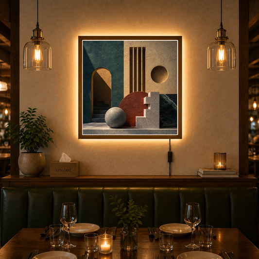 Architectural Reverie in Geometric Harmony – Arches and earth tones in quiet conversation – Acrylic Glowing Frame - Artofied