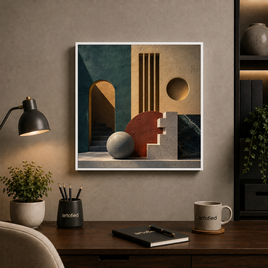 Architectural Reverie in Geometric Harmony – Arches and earth tones in quiet conversation – Framed Metal Poster - Artofied