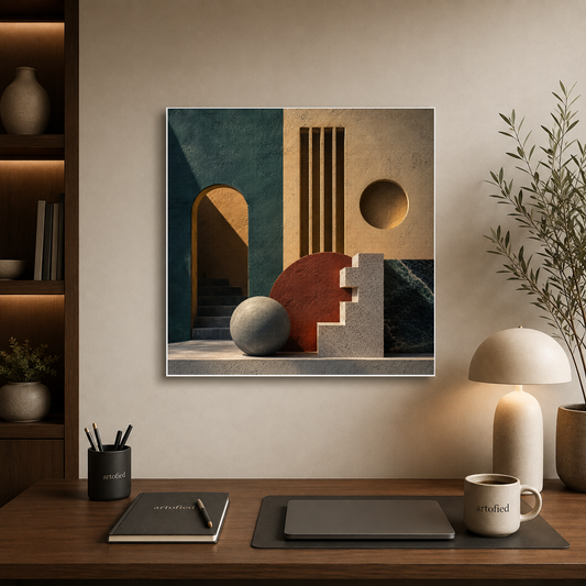 Architectural Reverie in Geometric Harmony – Arches and earth tones in quiet conversation – Premium Metal Poster - Artofied