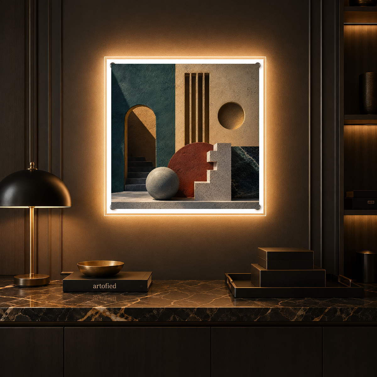 Architectural Reverie in Geometric Harmony – Arches and earth tones in quiet conversation – Photo Frame Wall Lamp - Artofied