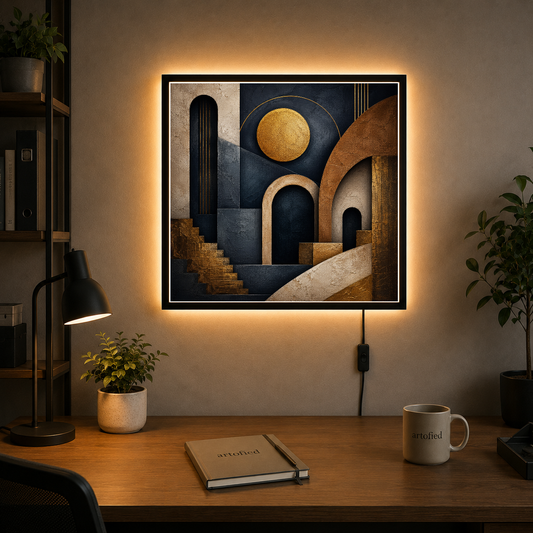 Architectural Reverie in Gold and Indigo – Indigo arches glow beneath warm gold – Acrylic Glowing Frame - Artofied