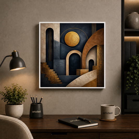 Architectural Reverie in Gold and Indigo – Indigo arches glow beneath warm gold – Framed Metal Poster - Artofied