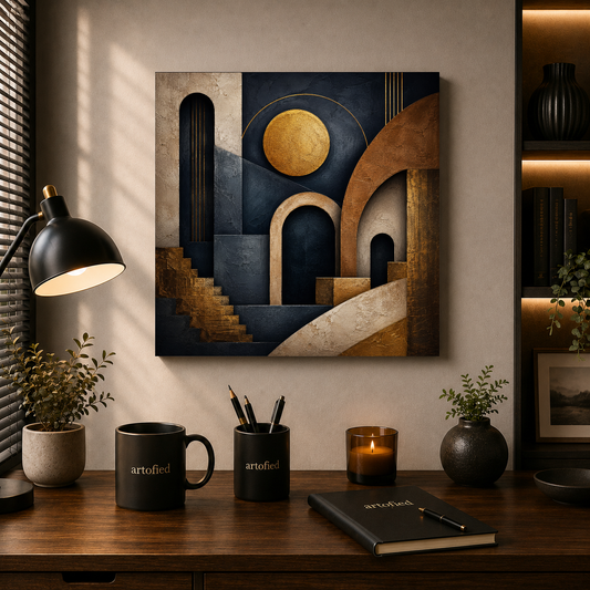 Architectural Reverie in Gold and Indigo – Indigo arches glow beneath warm gold – Premium Metal Poster - Artofied