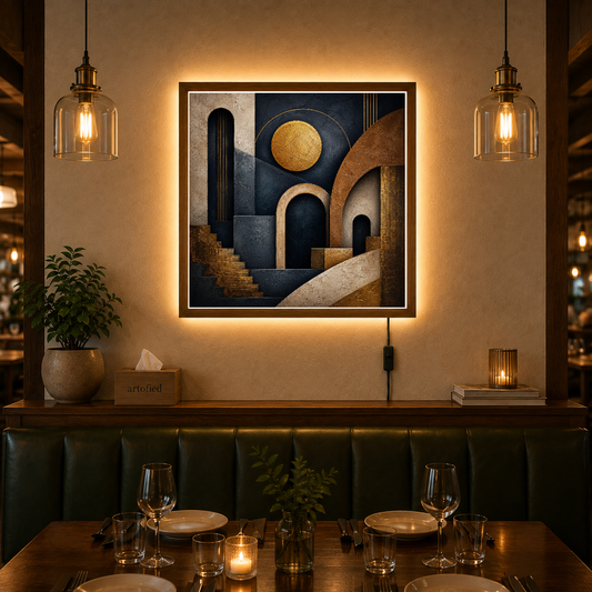 Architectural Reverie in Gold and Indigo – Indigo arches glow beneath warm gold – Photo Frame Wall Lamp - Artofied