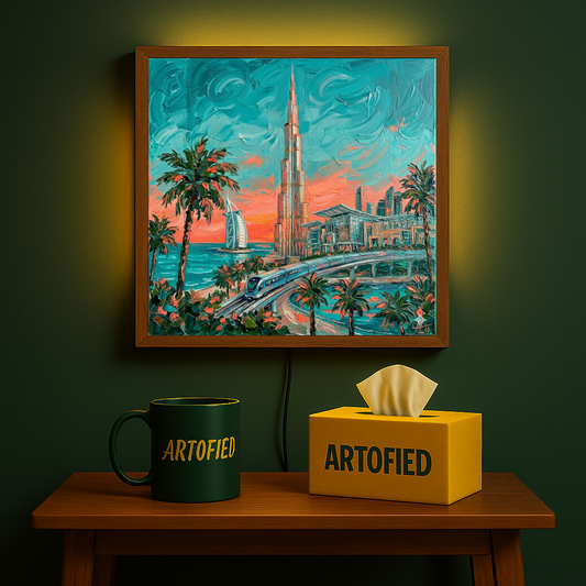 Dubai Skyline at Sunset – Where Arabian elegance meets tropical dreams – Acrylic Glowing Frame - Artofied