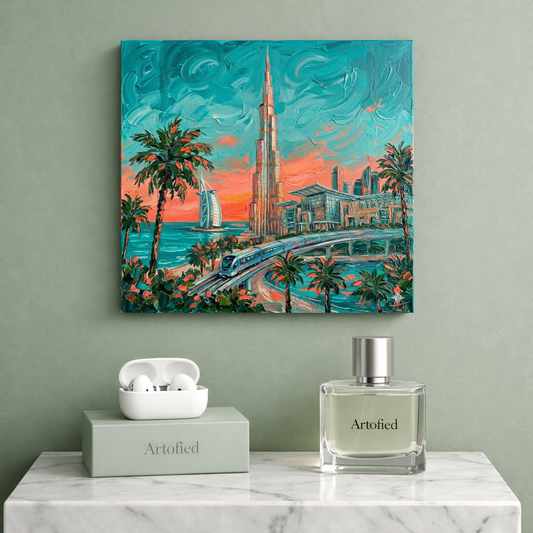 Dubai Skyline at Sunset – Where Arabian elegance meets tropical dreams – Premium Metal Poster - Artofied