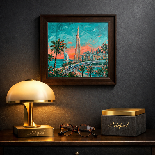Dubai Skyline at Sunset – Where Arabian elegance meets tropical dreams – Framed Metal Poster - Artofied