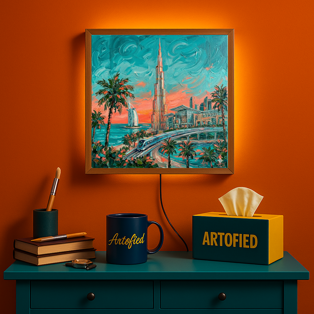 Dubai Skyline at Sunset – Where Arabian elegance meets tropical dreams – Photo Frame Wall Lamp - Artofied