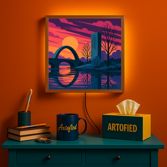 Urban Sunset Reflection – Where architecture meets the golden hour – Acrylic Glowing Frame - Artofied