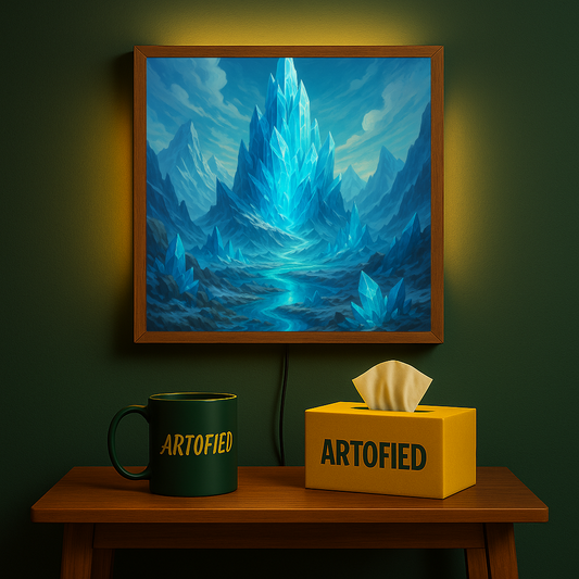 Crystalline Ice Palace in Turquoise – Where frozen majesty meets ethereal light – Acrylic Glowing Frame - Artofied