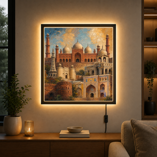 Badshahi Mosque & Lahore Fort – Timeless majesty bathed in golden light – Acrylic Glowing Frame - Artofied