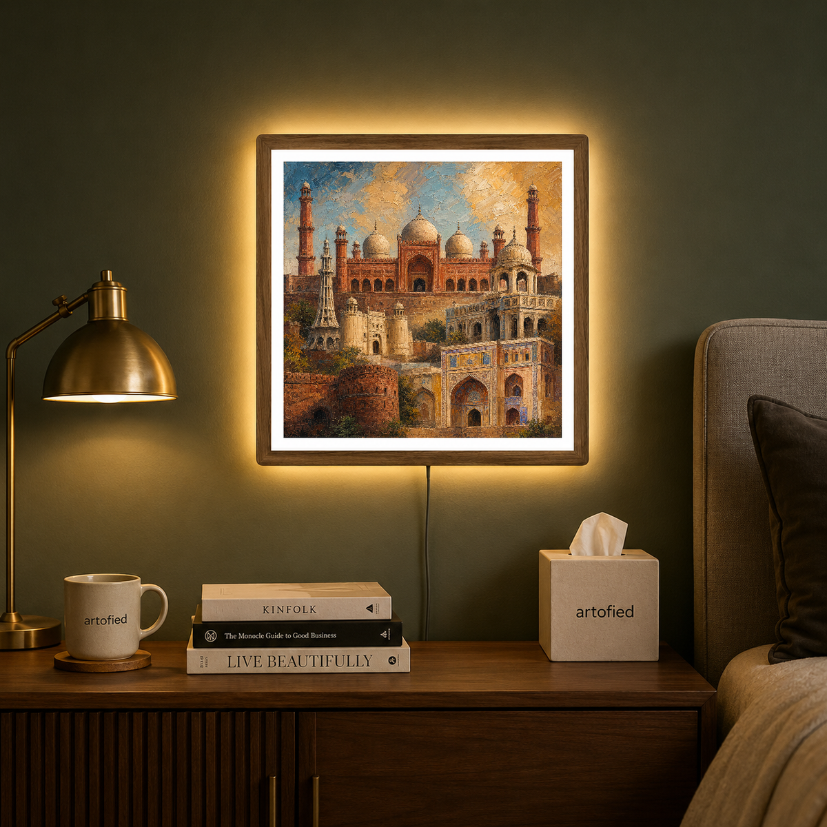 Badshahi Mosque & Lahore Fort – Golden light sanctifies Lahore's storied stones. – Acrylic Glowing Frame - Artofied