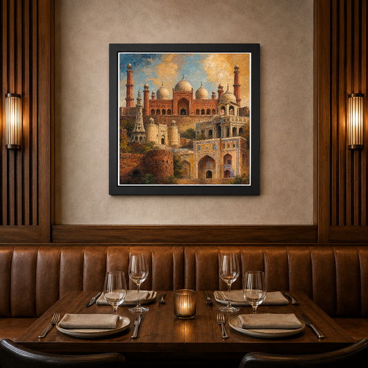 Badshahi Mosque & Lahore Fort – Timeless majesty bathed in golden light – Framed Metal Poster - Artofied