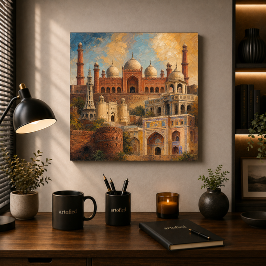 Badshahi Mosque & Lahore Fort – Golden light sanctifies Lahore's storied stones. – Premium Metal Poster - Artofied