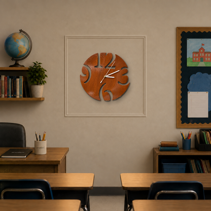 Bold Quarters Cutout wooden wall clock on a beige wall with plaster molding