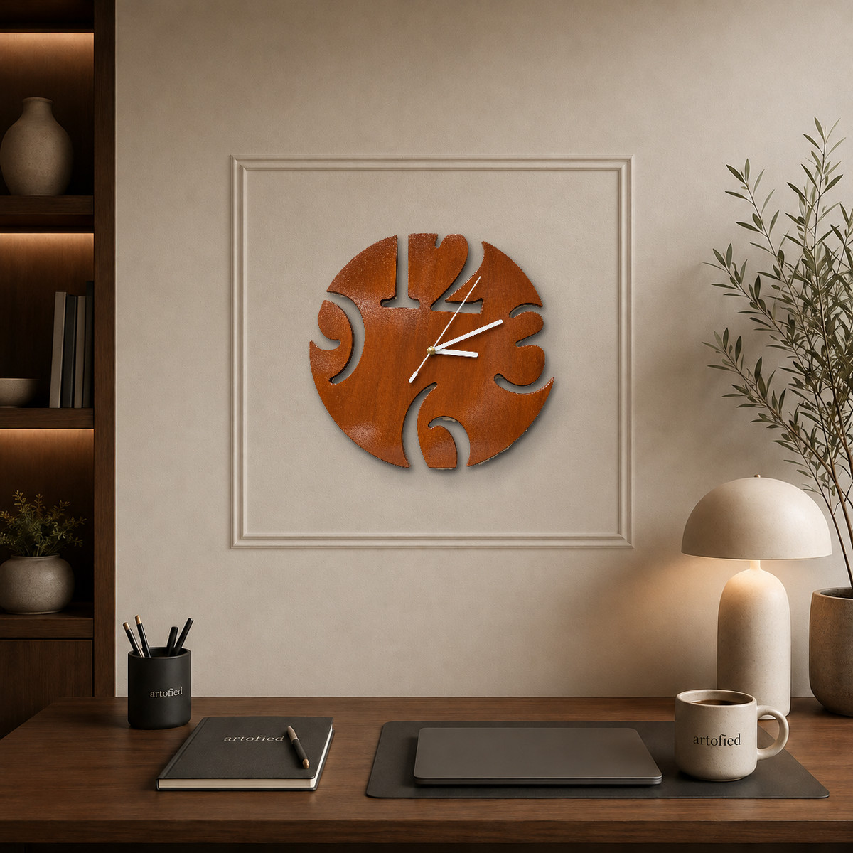 Bold Quarters Cutout wooden wall clock above a wooden desk with plaster wall molding