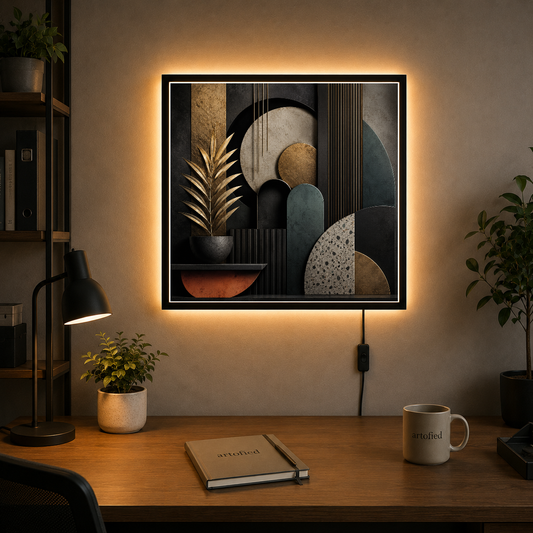Botanical Geometry in Shadow – Gold lines shadow organic growth – Acrylic Glowing Frame - Artofied