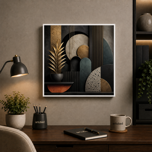 Botanical Geometry in Shadow – Gold lines shadow organic growth – Framed Metal Poster - Artofied