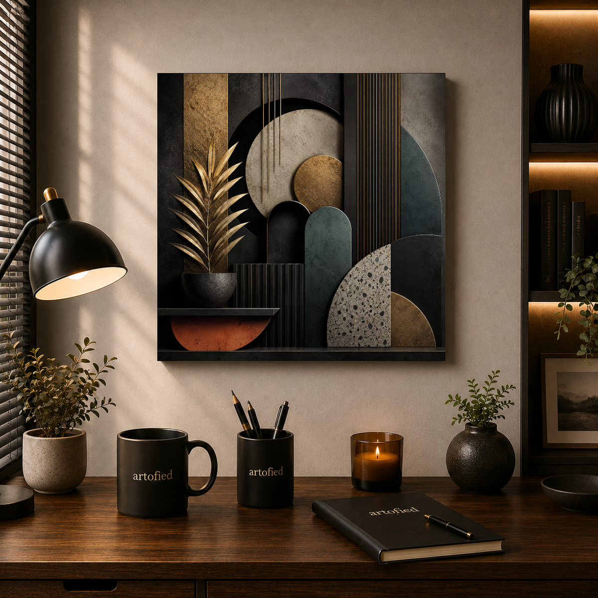 Botanical Geometry in Shadow – Gold lines shadow organic growth – Premium Metal Poster - Artofied