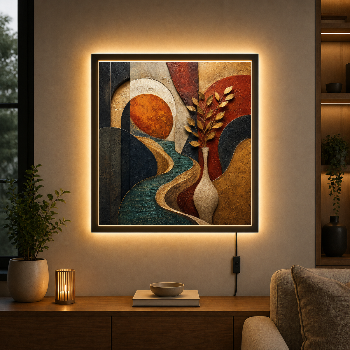 Botanical Reverie in Warm Earth – Terracotta curves dancing in quiet gold – Acrylic Glowing Frame - Artofied