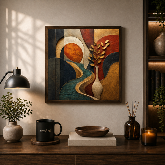 Botanical Reverie in Warm Earth – Terracotta curves dancing in quiet gold – Framed Metal Poster - Artofied