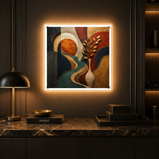 Botanical Reverie in Warm Earth – Terracotta curves dancing in quiet gold – Photo Frame Wall Lamp - Artofied