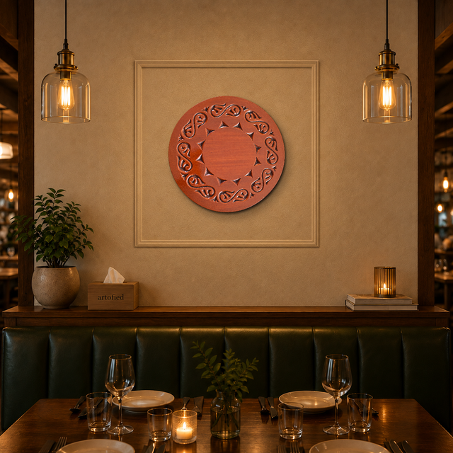 Carved Circular Ornament in Terracotta – Wood Cutout Wall Art