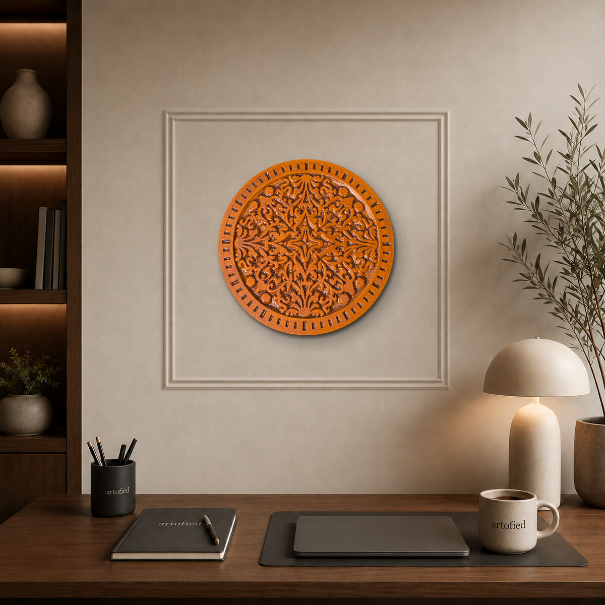 Carved Medallion Circle in Warm Amber – Intricate relief catches light through layered detail. – Wood Cutout Wall Art - Artofied