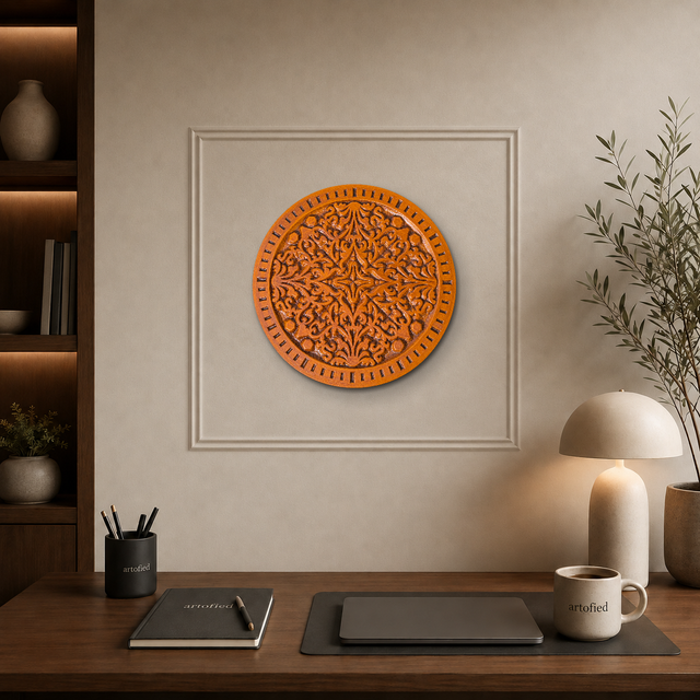 Carved Medallion Circle in Warm Amber – Wood Cutout Wall Art