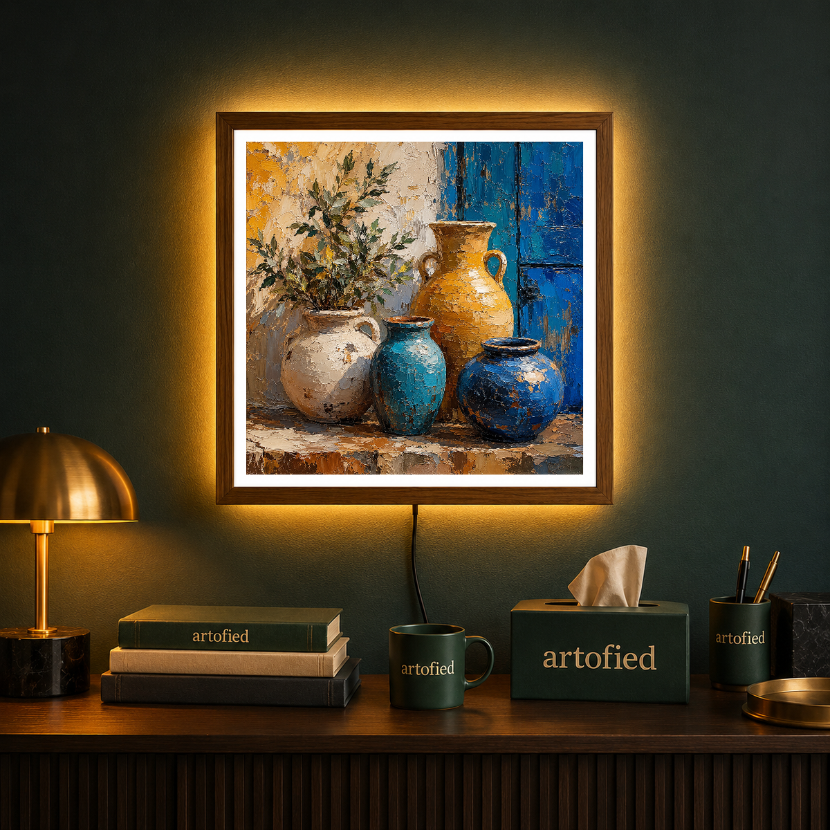 Cerulean Vessels with Olive Branches – Ochre and cobalt vessels, worn by time – Acrylic Glowing Frame - Artofied