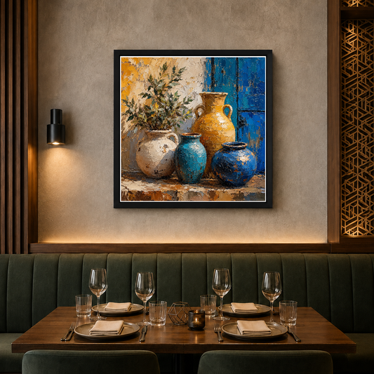 Cerulean Vessels with Olive Branches – Ochre and cobalt vessels, worn by time – Framed Metal Poster - Artofied