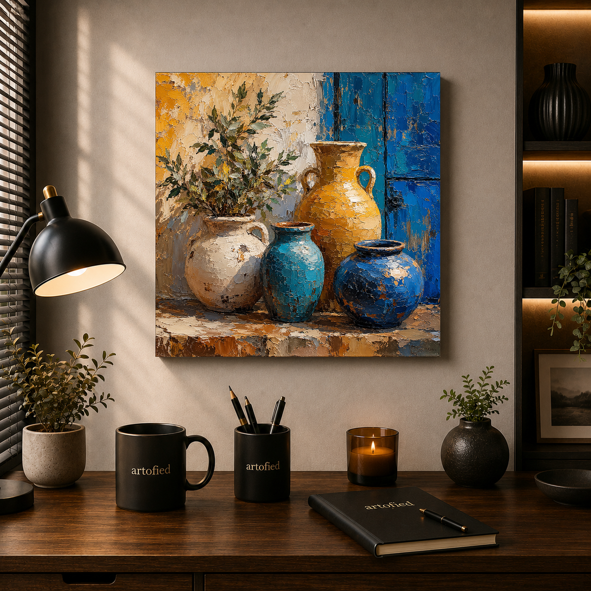 Cerulean Vessels with Olive Branches – Ochre and cobalt vessels, worn by time – Premium Metal Poster - Artofied