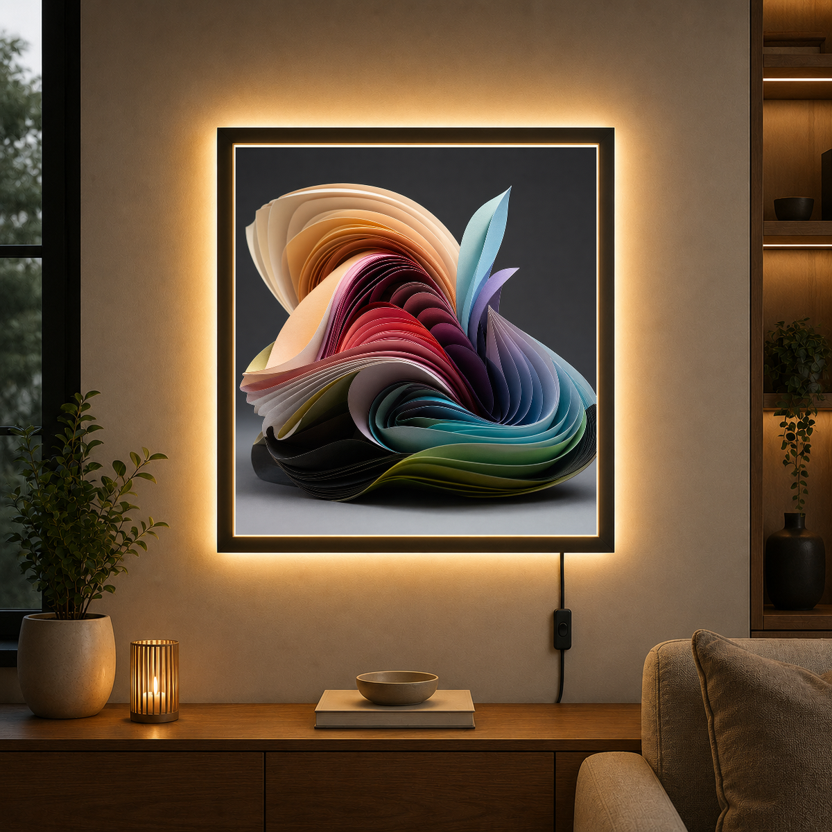 Chromatic Layers in Motion – Jewel tones cascade through sculptural ribbons – Acrylic Glowing Frame - Artofied