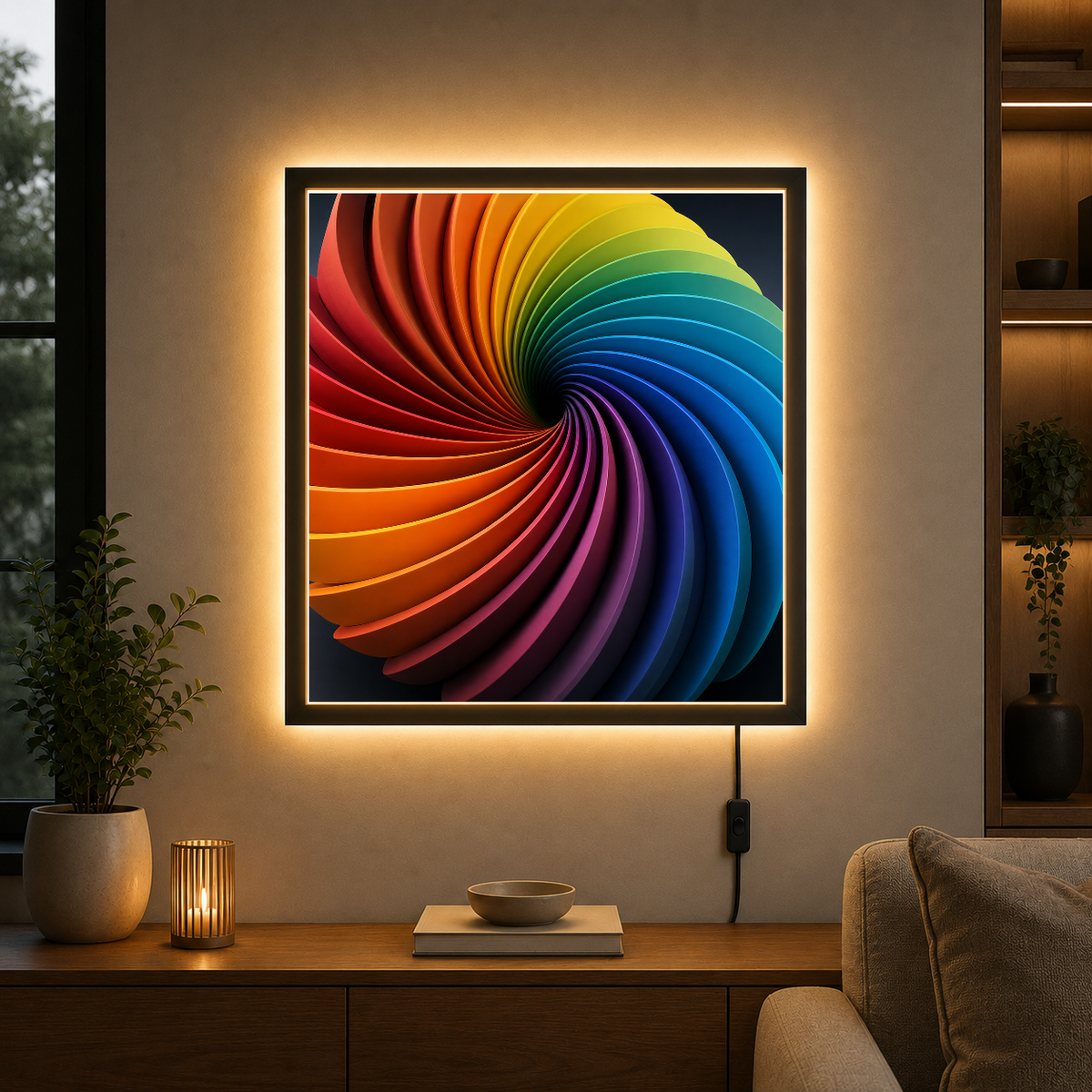 Chromatic Spiral: Light in Motion – Colors spiral endlessly into darkness – Acrylic Glowing Frame - Artofied