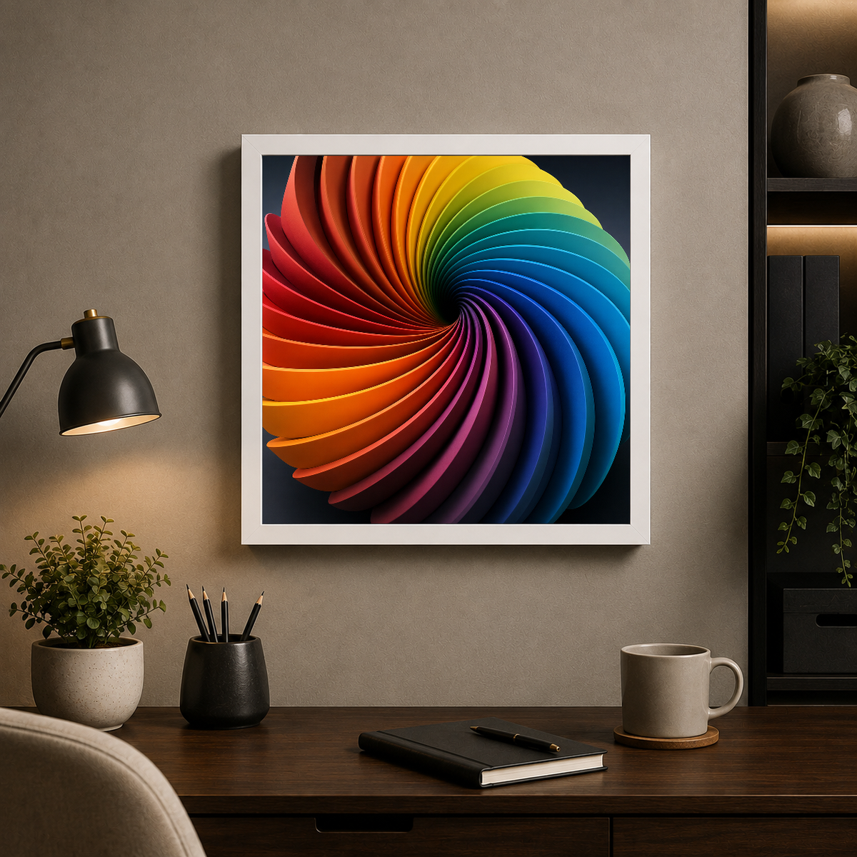 Chromatic Spiral: Light in Motion – Colors spiral endlessly into darkness – Framed Metal Poster - Artofied