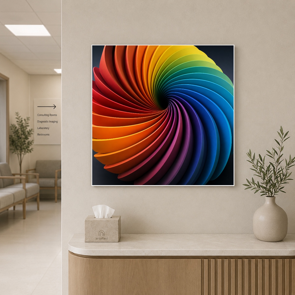 Chromatic Spiral: Light in Motion – Colors spiral endlessly into darkness – Premium Metal Poster - Artofied