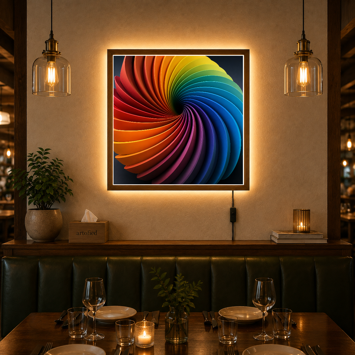 Chromatic Spiral: Light in Motion – Colors spiral endlessly into darkness – Photo Frame Wall Lamp - Artofied