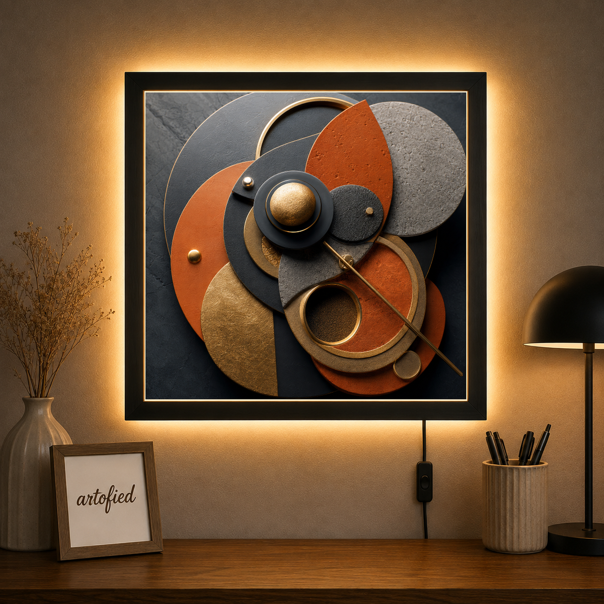 Circular Harmony in Earth and Gold – Circles catch light, holding earth and gold – Acrylic Glowing Frame - Artofied