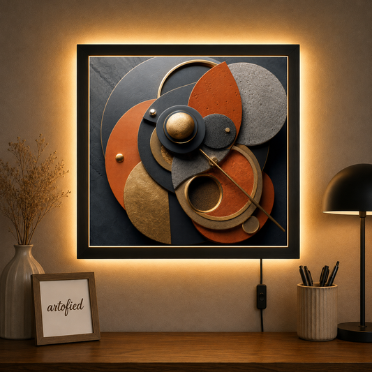 Circular Harmony in Earth and Gold – Circles catch light, holding earth and gold – Acrylic Glowing Frame - Artofied