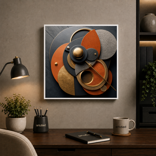 Circular Harmony in Earth and Gold – Circles catch light, holding earth and gold – Framed Metal Poster - Artofied