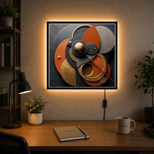 Circular Harmony in Earth and Gold – Circles catch light, holding earth and gold – Photo Frame Wall Lamp - Artofied