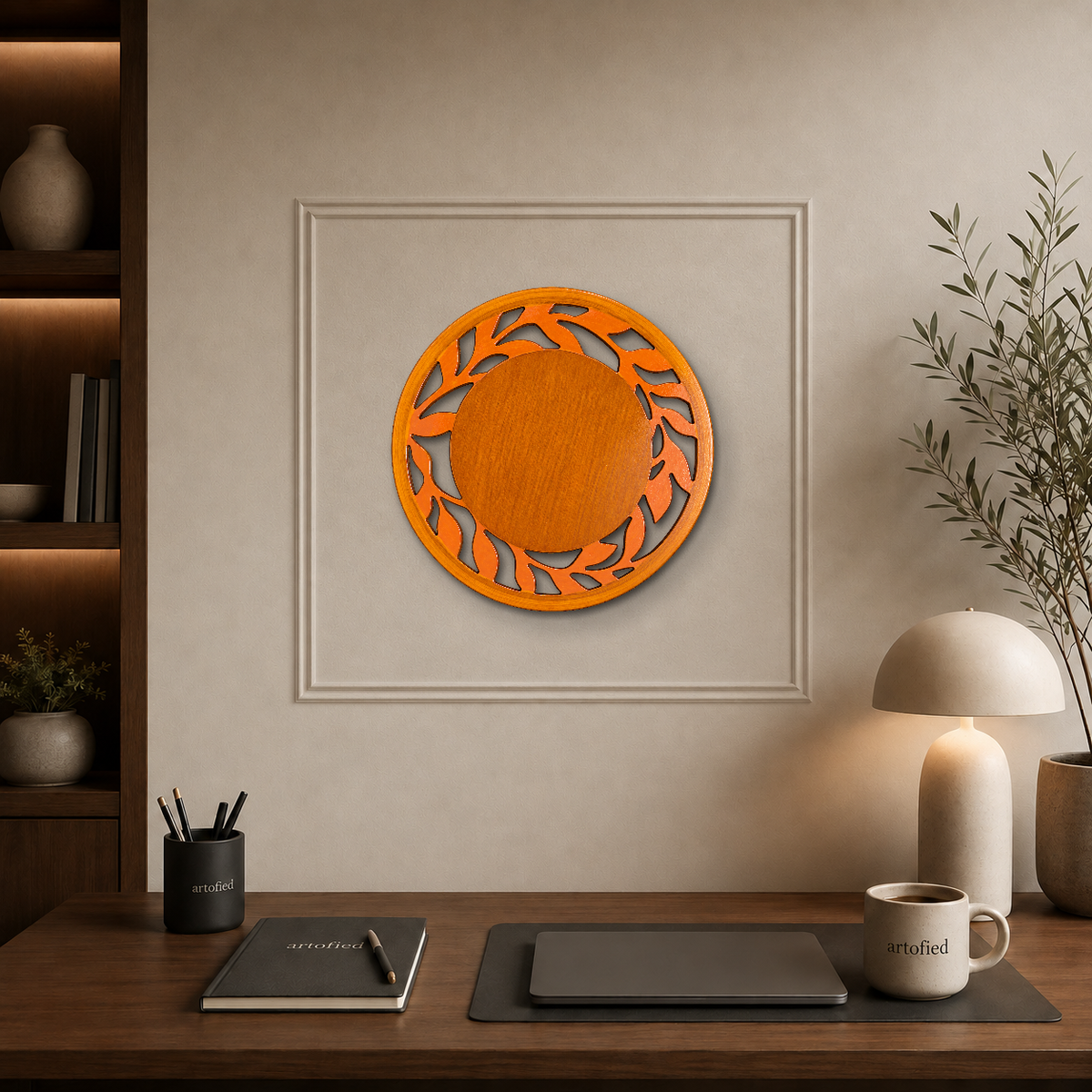 Circular Leaf Pattern in Warm Wood – Orange wood holds negative space like breath. – Wood Cutout Wall Art - Artofied