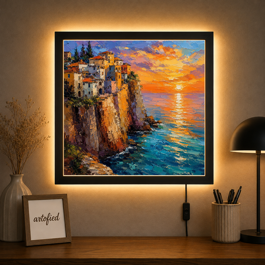 Clifftop Village at Golden Sunset – Golden light claims the cliffs. – Acrylic Glowing Frame - Artofied