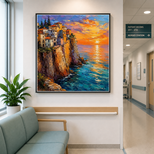 Clifftop Village at Golden Sunset – Golden light claims the cliffs. – Framed Metal Poster - Artofied