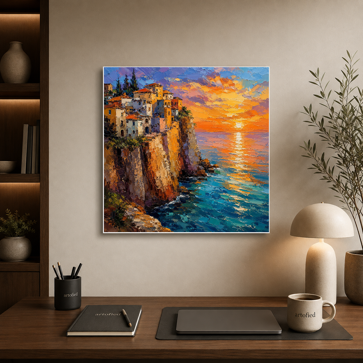 Clifftop Village at Golden Sunset – Golden light claims the cliffs. – Premium Metal Poster - Artofied