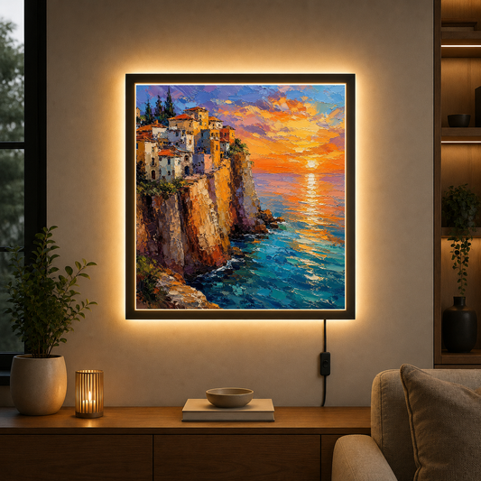 Clifftop Village at Golden Sunset – Golden light claims the cliffs. – Photo Frame Wall Lamp - Artofied